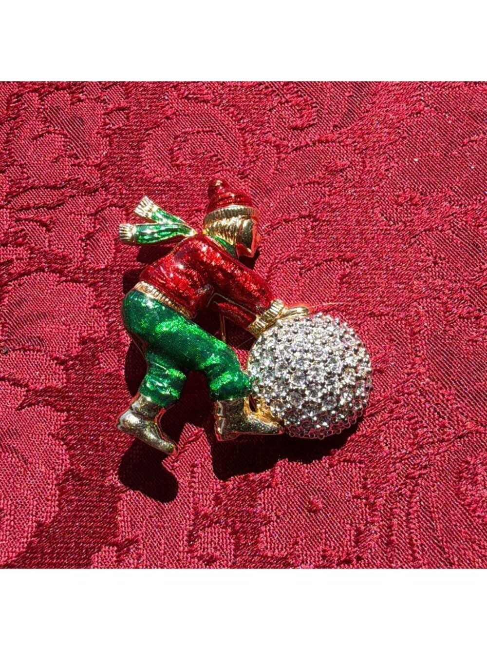 Vintage Gold Tone Snowball Child Brooch Enamel Pavé Crystal Holiday Pin 2.25 In